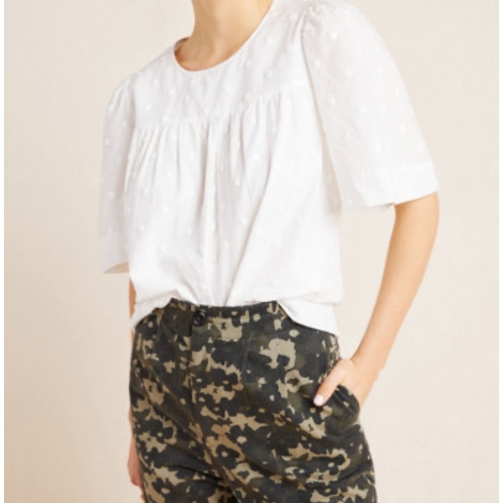 COPY - Anthropologie Ivory Textured Polka Dot Blouse